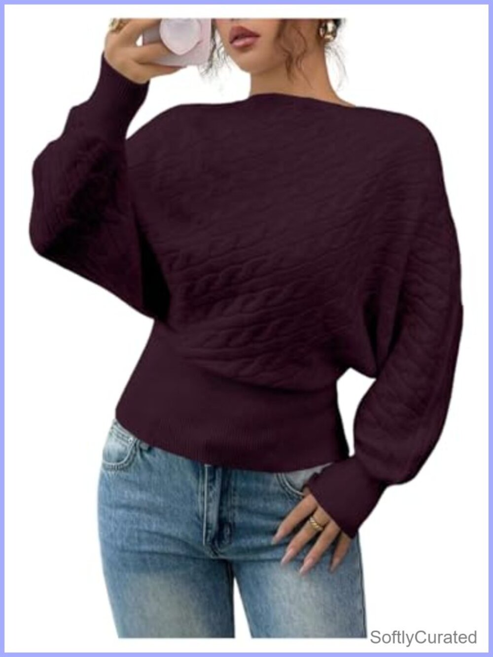 Cable Knit Sweater Cinched Waist Boat Neck Long Sleeve Pullover